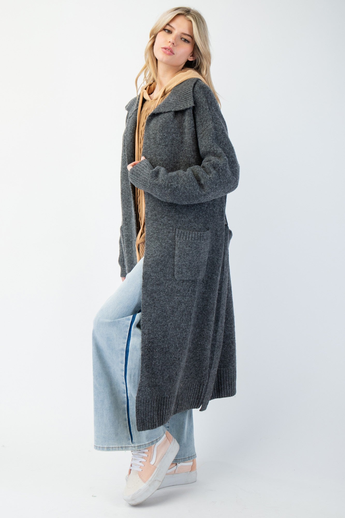 Tie Waist Maxi Knit Cardigan - Charcoal