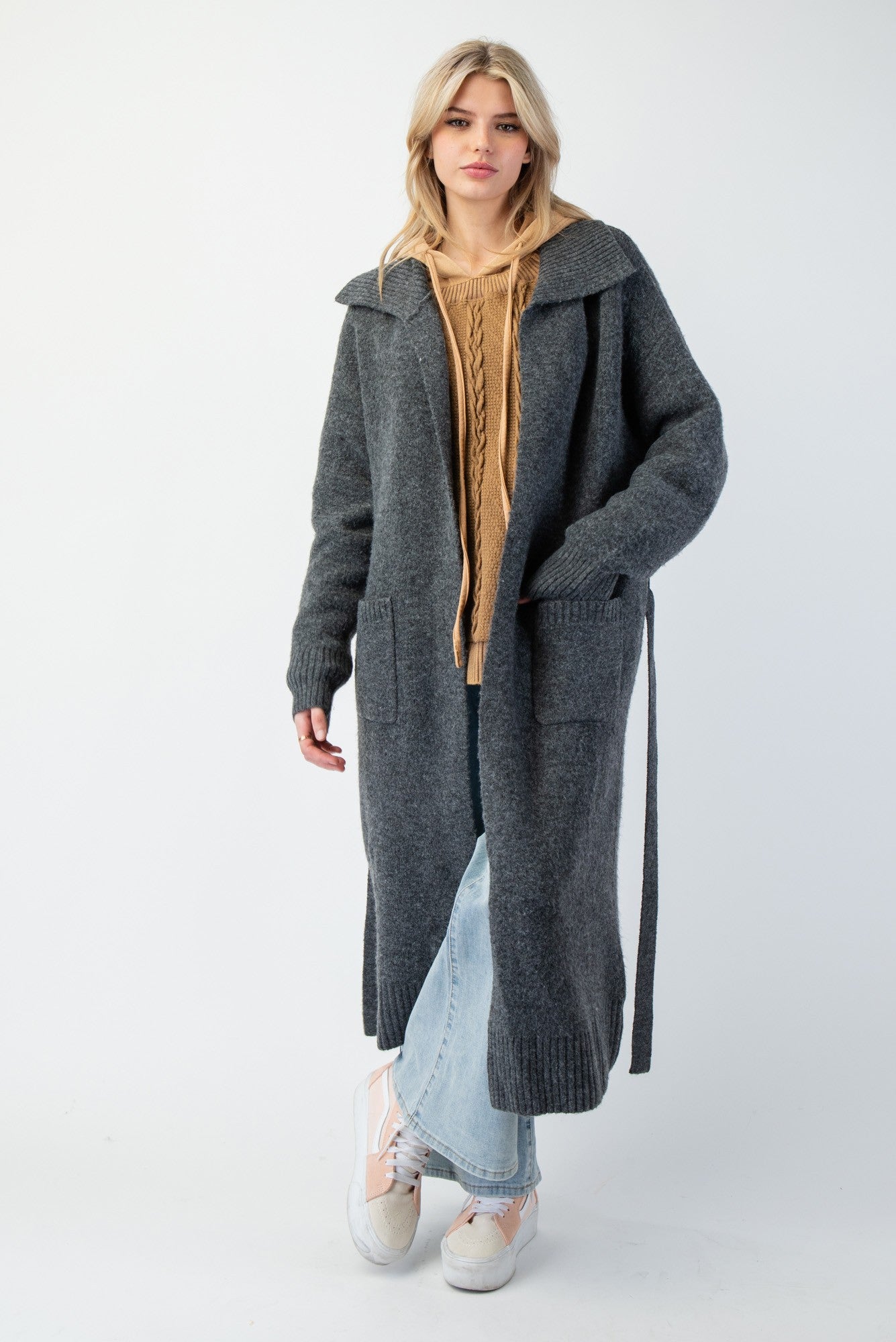 Tie Waist Maxi Knit Cardigan - Charcoal