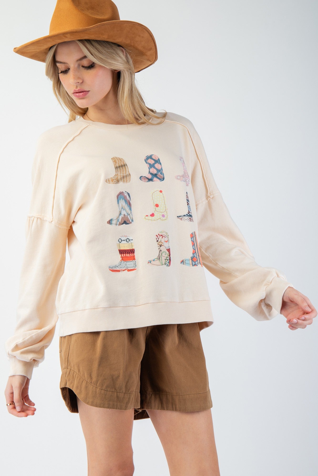 Boots Print Washed Terry Knit Pullover - Ivory