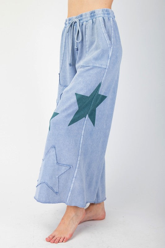 Star Patch Terry Knit Pants - Washed Denim