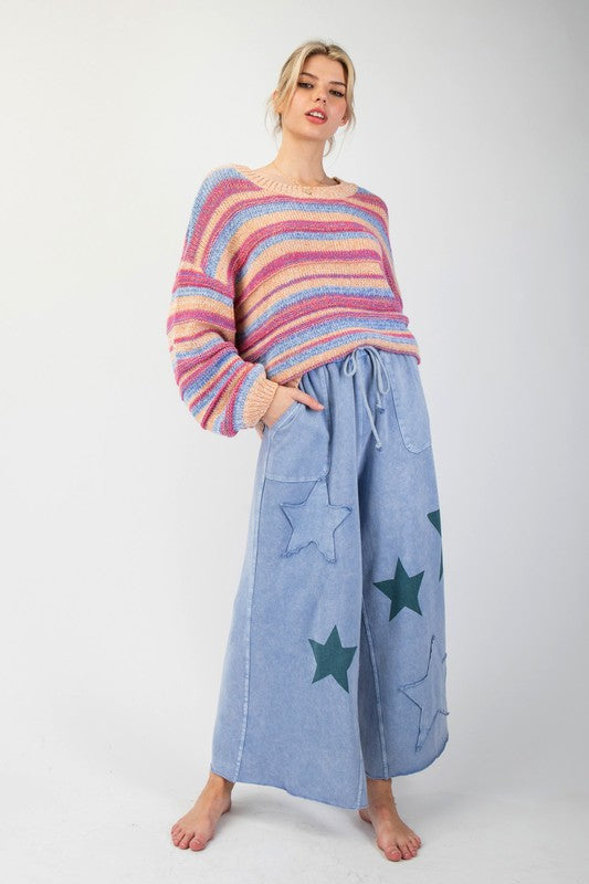 Star Patch Terry Knit Pants - Washed Denim