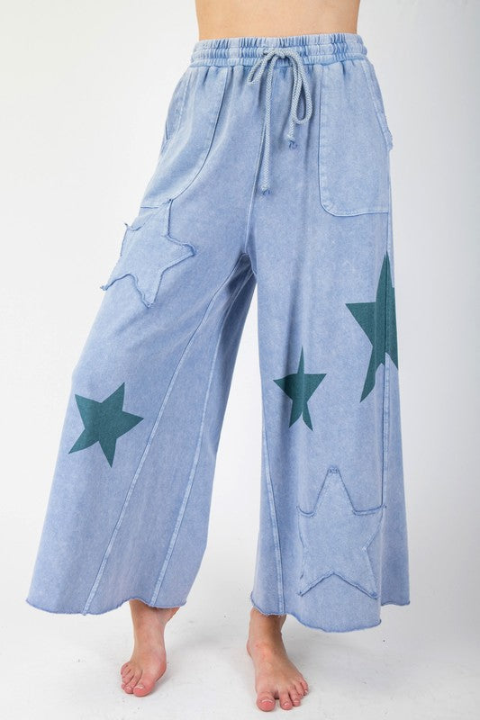 Star Patch Terry Knit Pants - Washed Denim