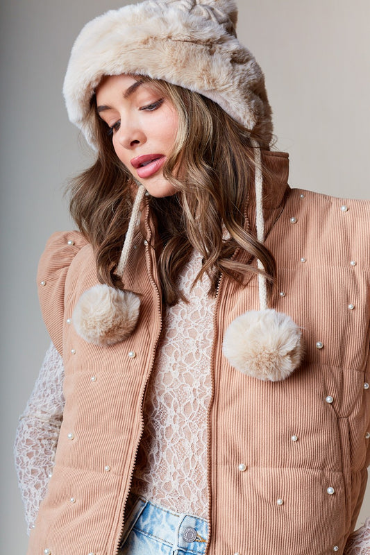 Pearl-Embellished Corduroy Puffer Vest