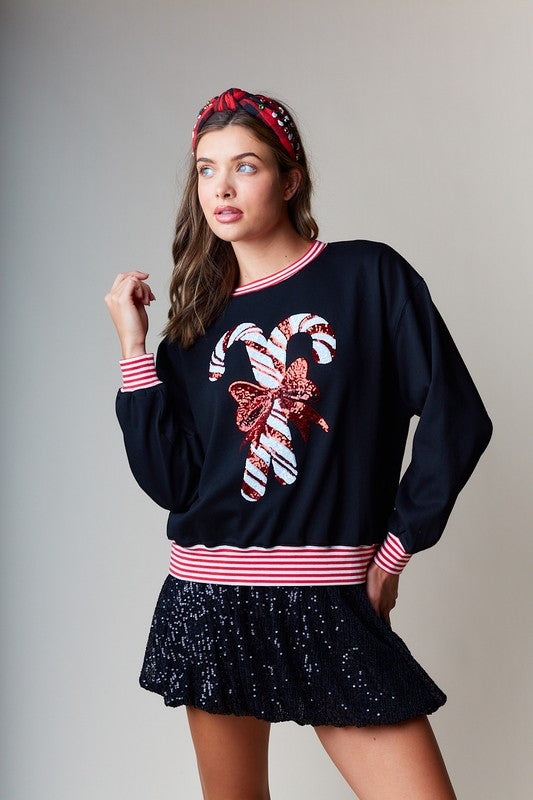 Candy Cane Sequin Embellished Sweatshirt