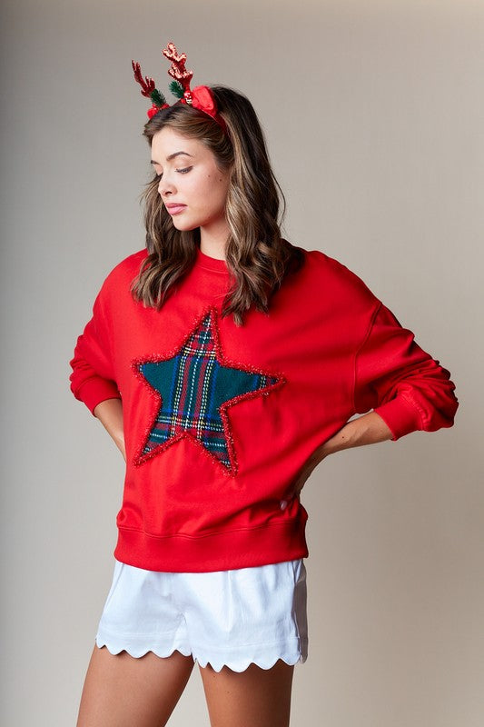 Plaid Star Applique Holiday Sweatshirt