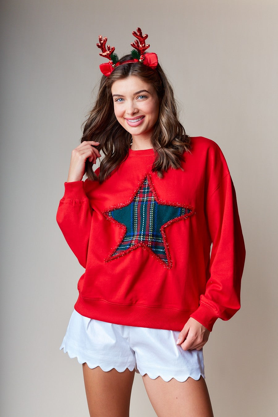 Plaid Star Applique Holiday Sweatshirt