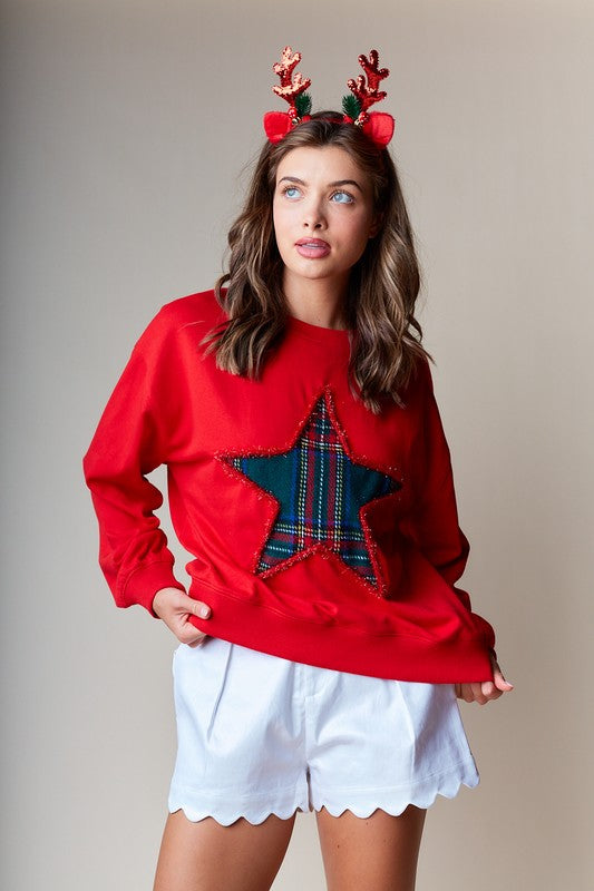 Plaid Star Applique Holiday Sweatshirt