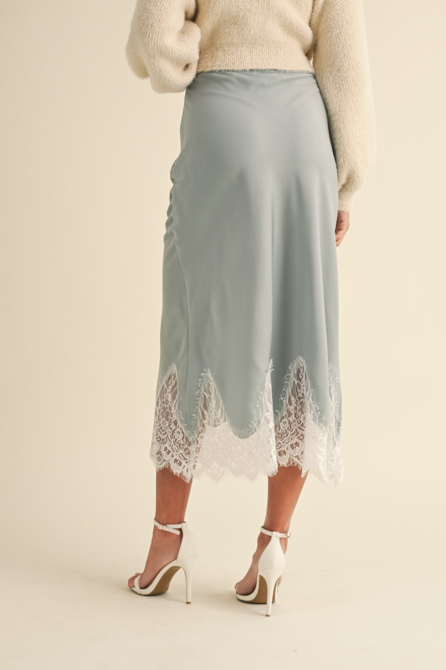 Scallop Lace Trimmed Satin Midi Skirt