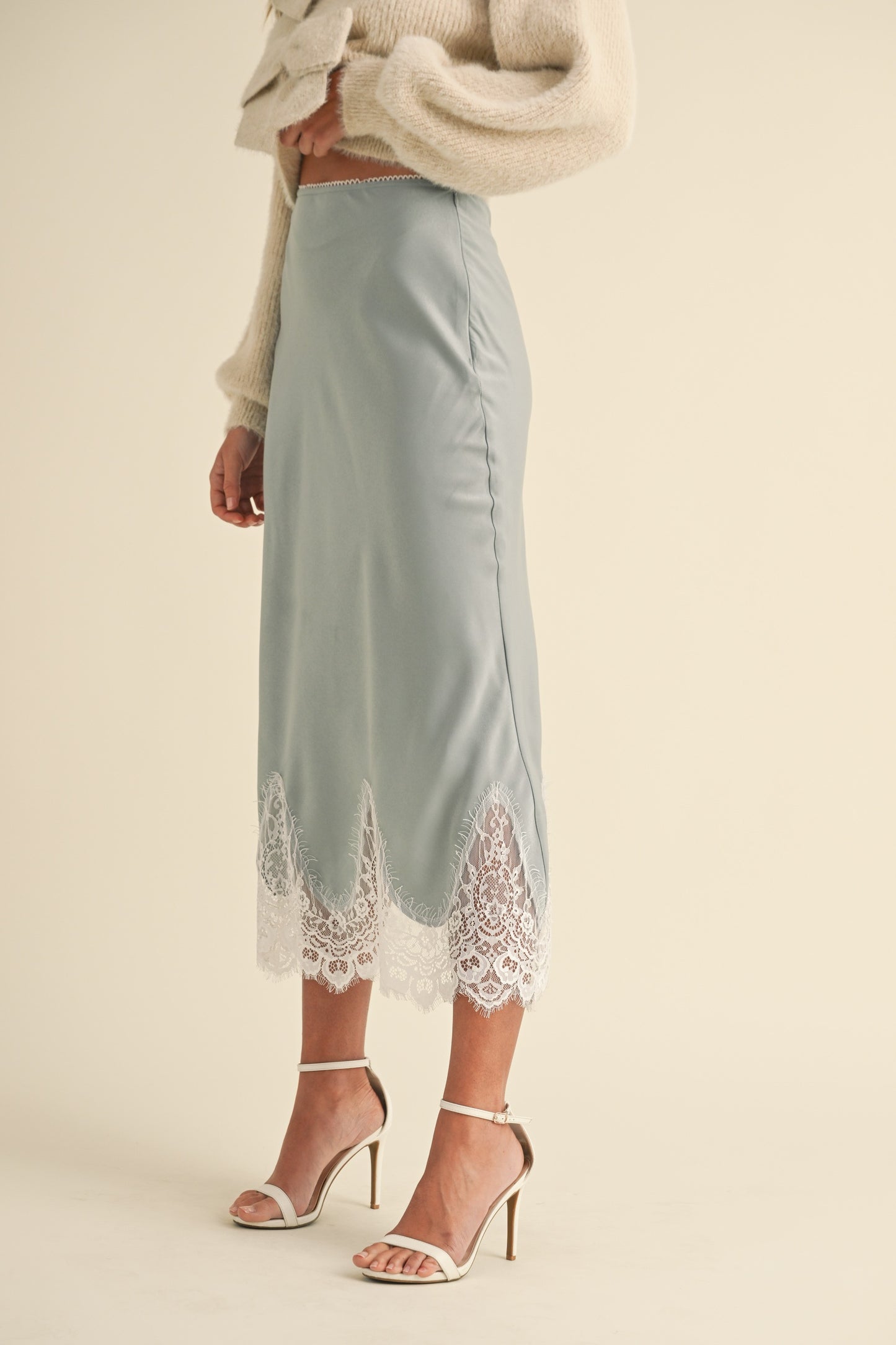 Scallop Lace Trimmed Satin Midi Skirt