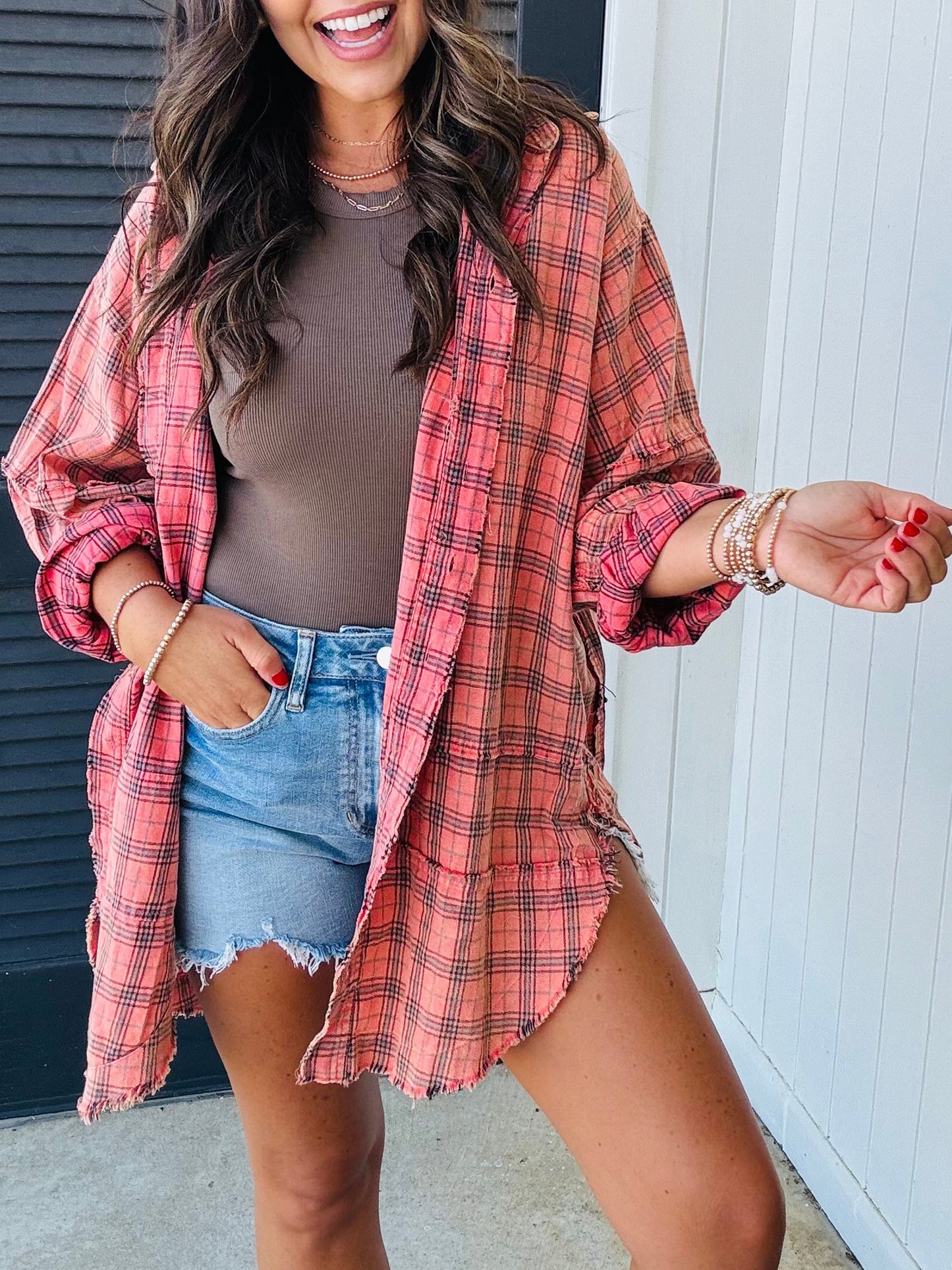 Plaid Long Sleeve Distressed Hem Shirt