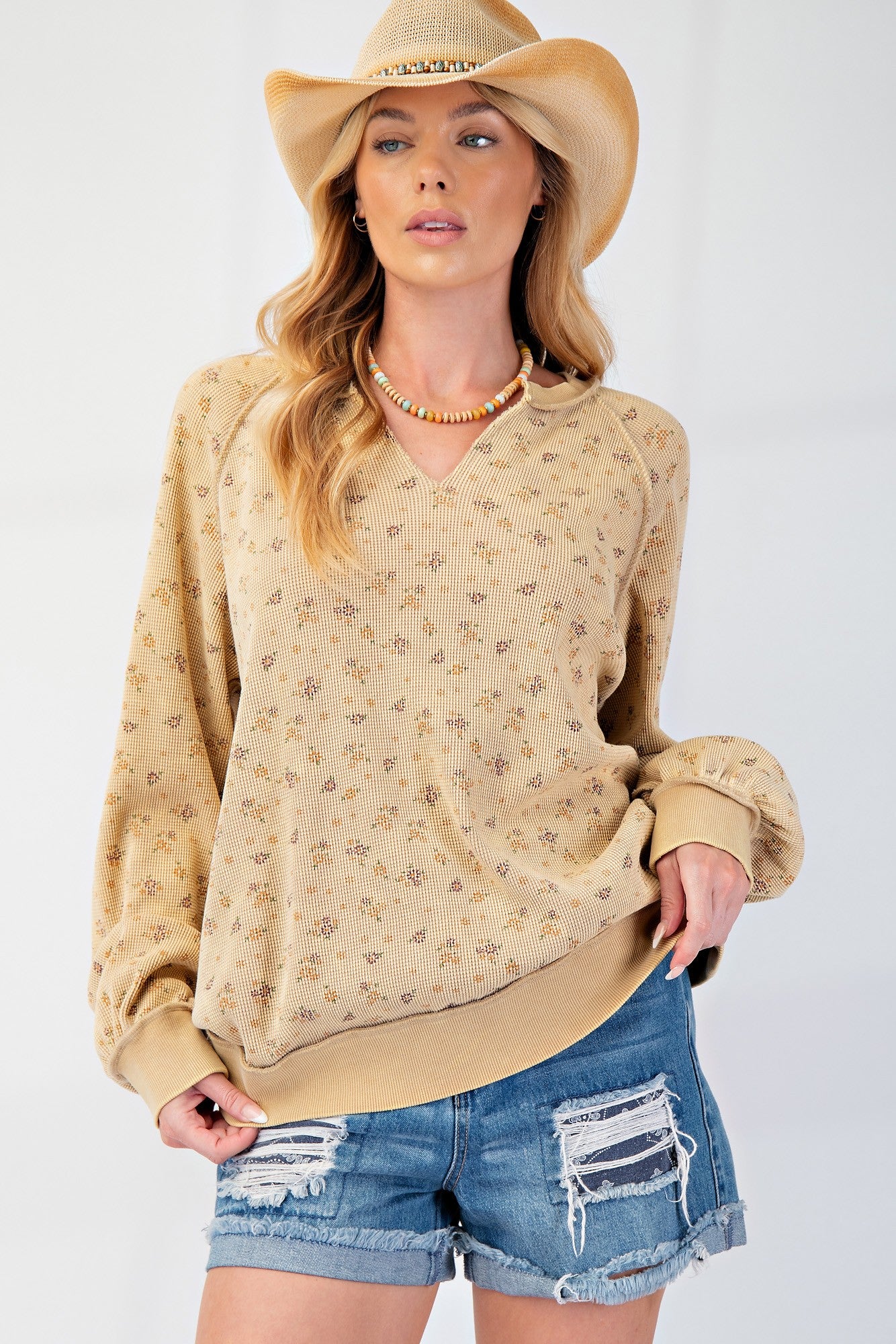 Printed Thermal Knit Mineral Washed Top - Honey Mustard