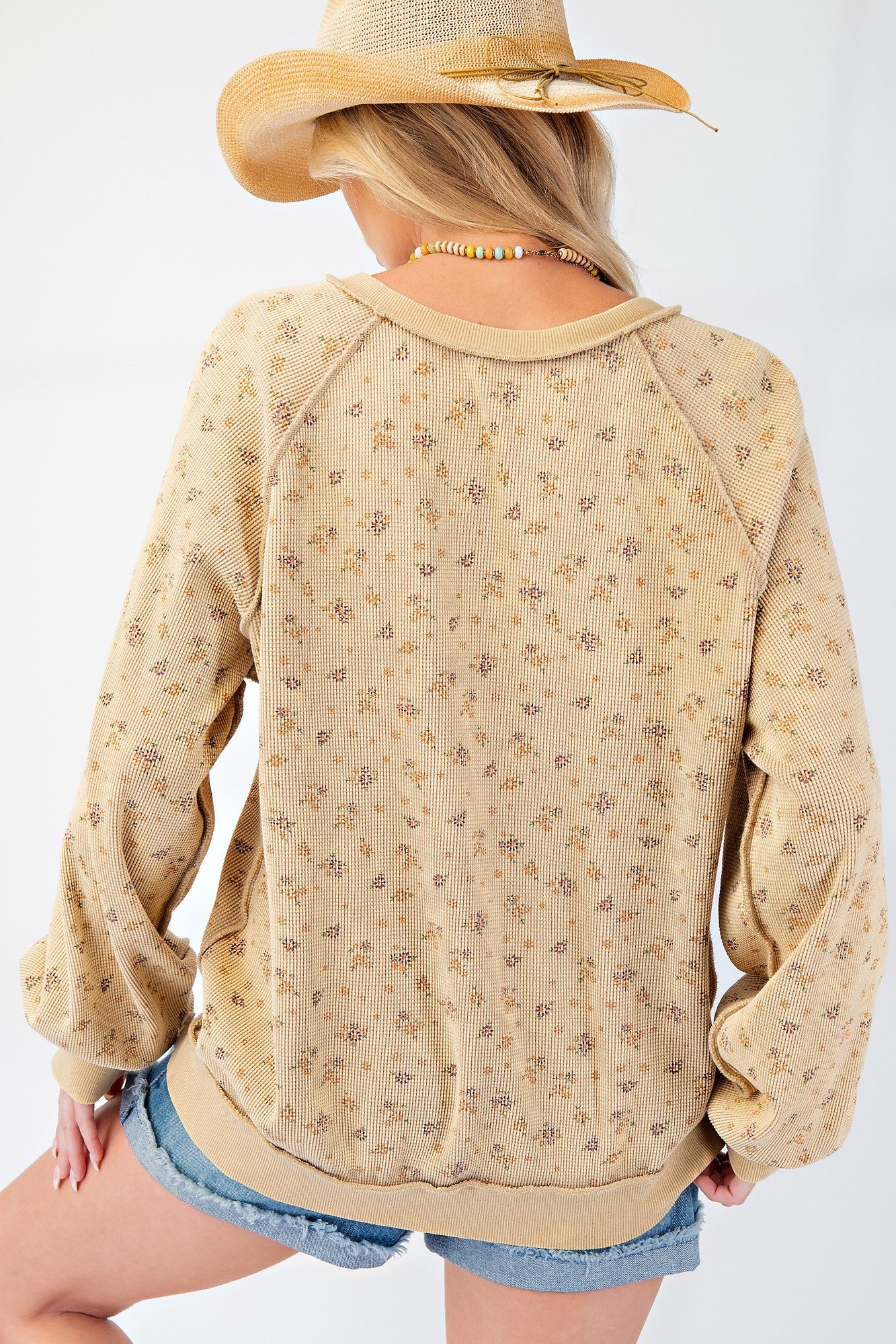 Printed Thermal Knit Mineral Washed Top - Honey Mustard