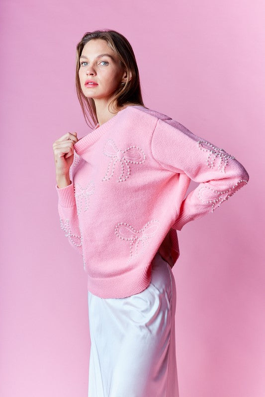 Pearl-Embellished Bow Sweater - Pink