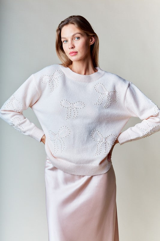 Pearl-Embellished Bow Sweater - Cream