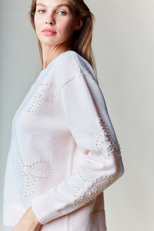 Pearl-Embellished Bow Sweater - Cream