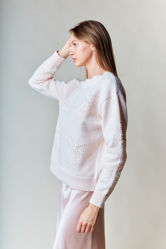 Pearl-Embellished Bow Sweater - Cream