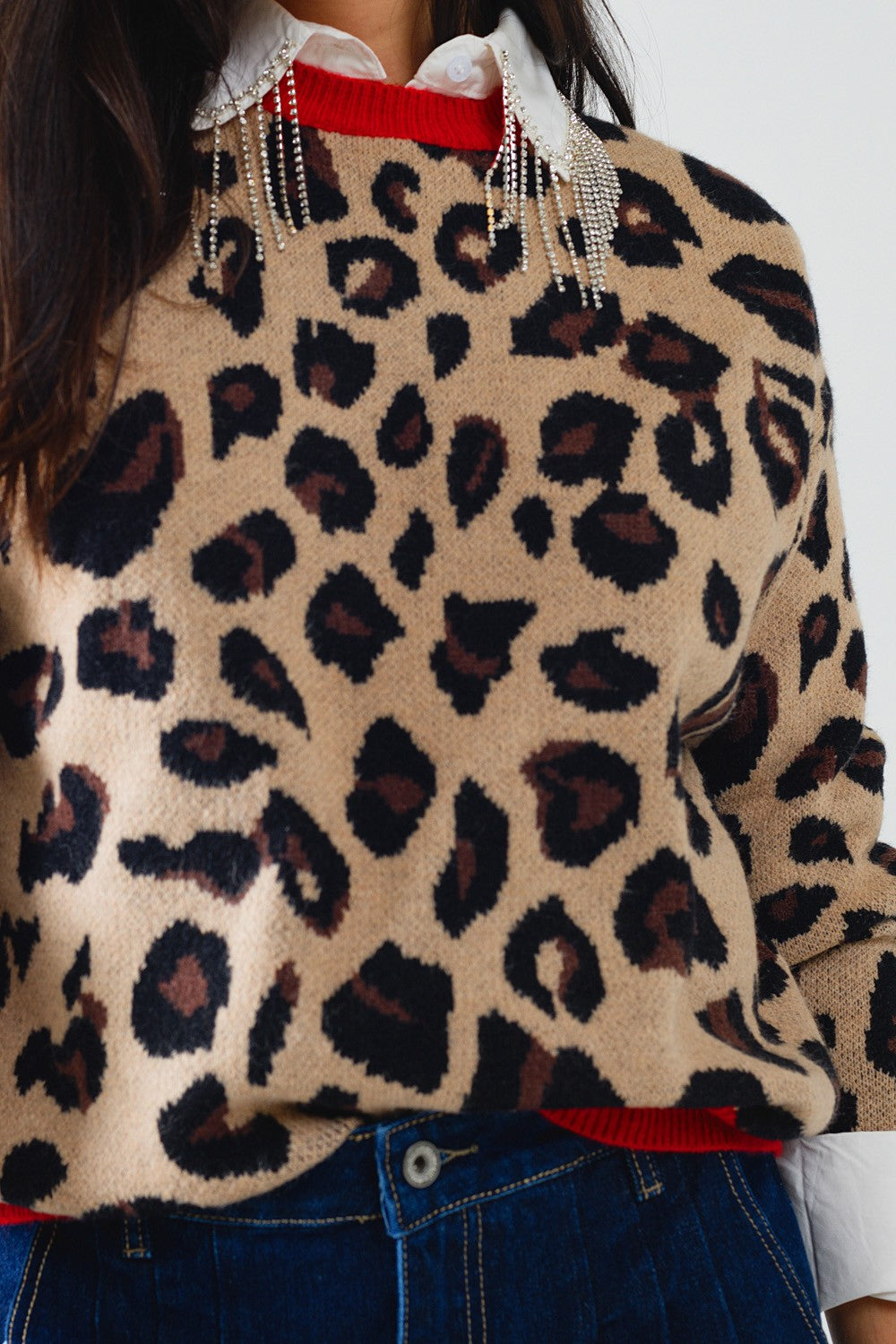 Leopard Sweater with Red Detailed Neckline