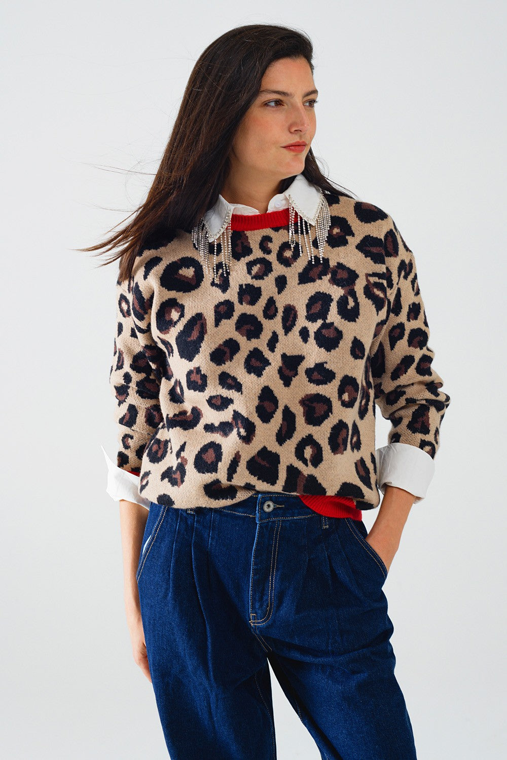 Leopard Sweater with Red Detailed Neckline