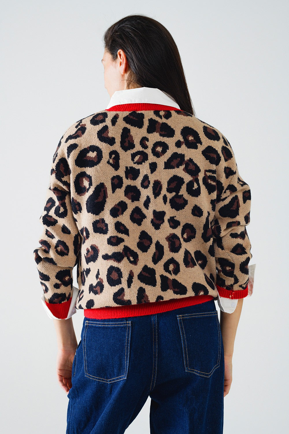 Leopard Sweater with Red Detailed Neckline