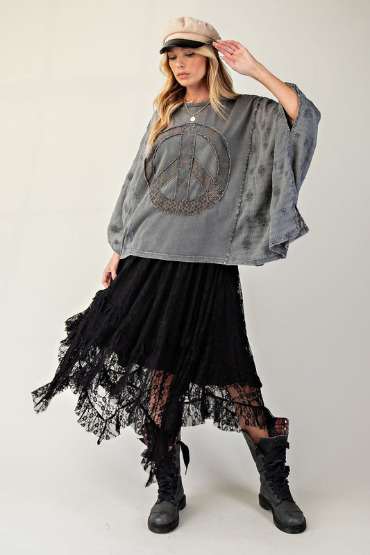 Mineral Washed & Embo Peace Patch Poncho - Charcoal