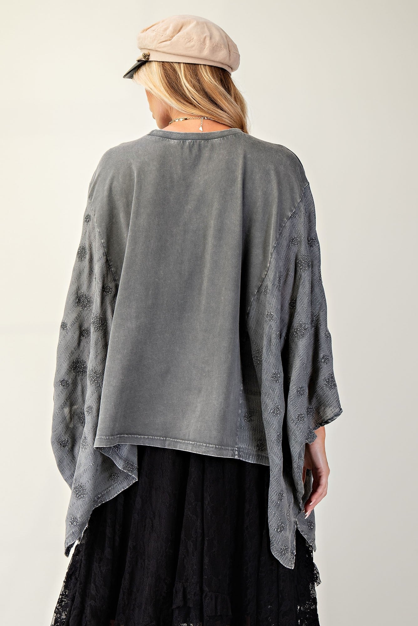 Mineral Washed & Embo Peace Patch Poncho - Charcoal