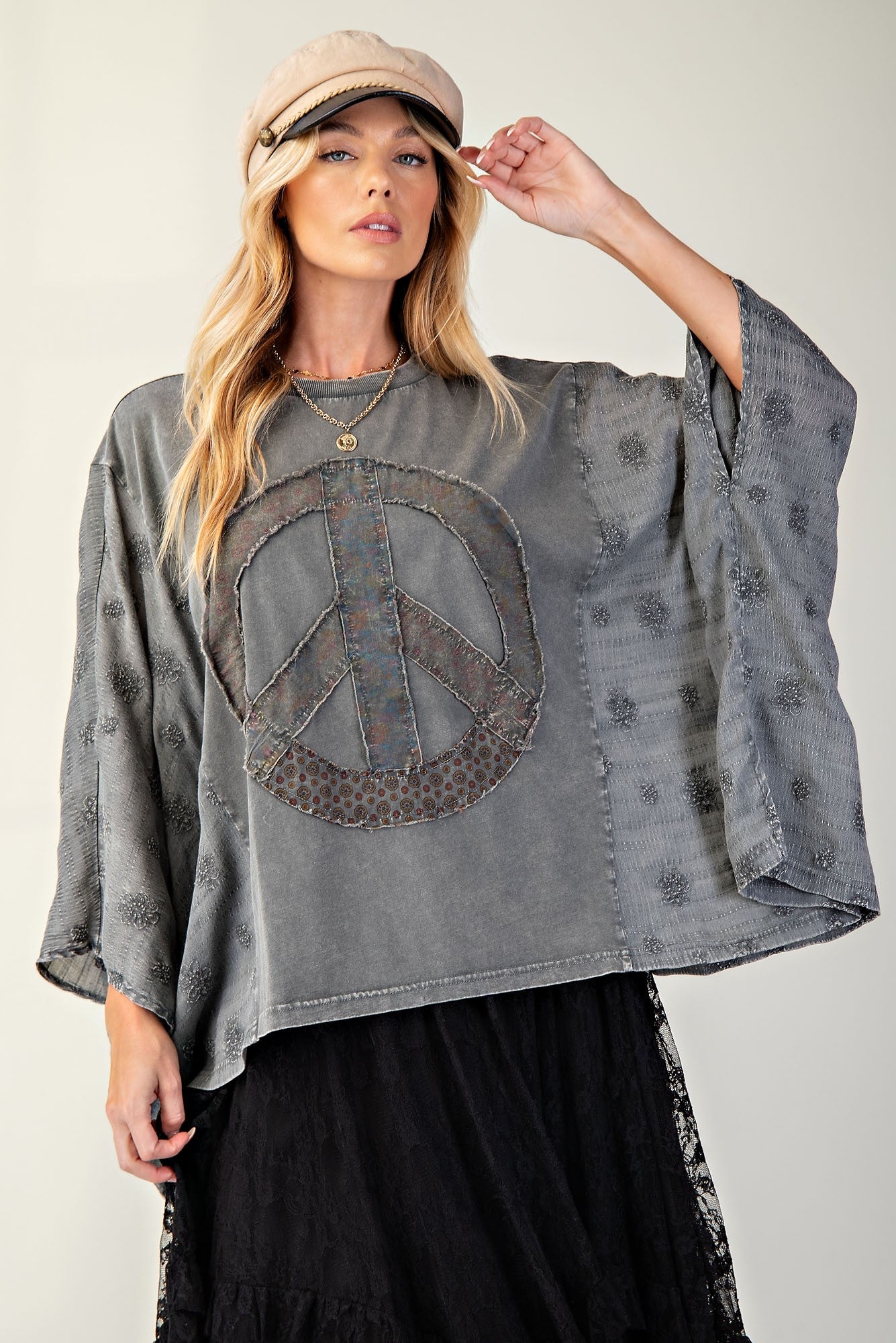 Mineral Washed & Embo Peace Patch Poncho - Charcoal