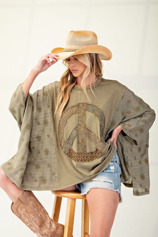 Mineral Washed & Embo Peace Patch Poncho - Olive