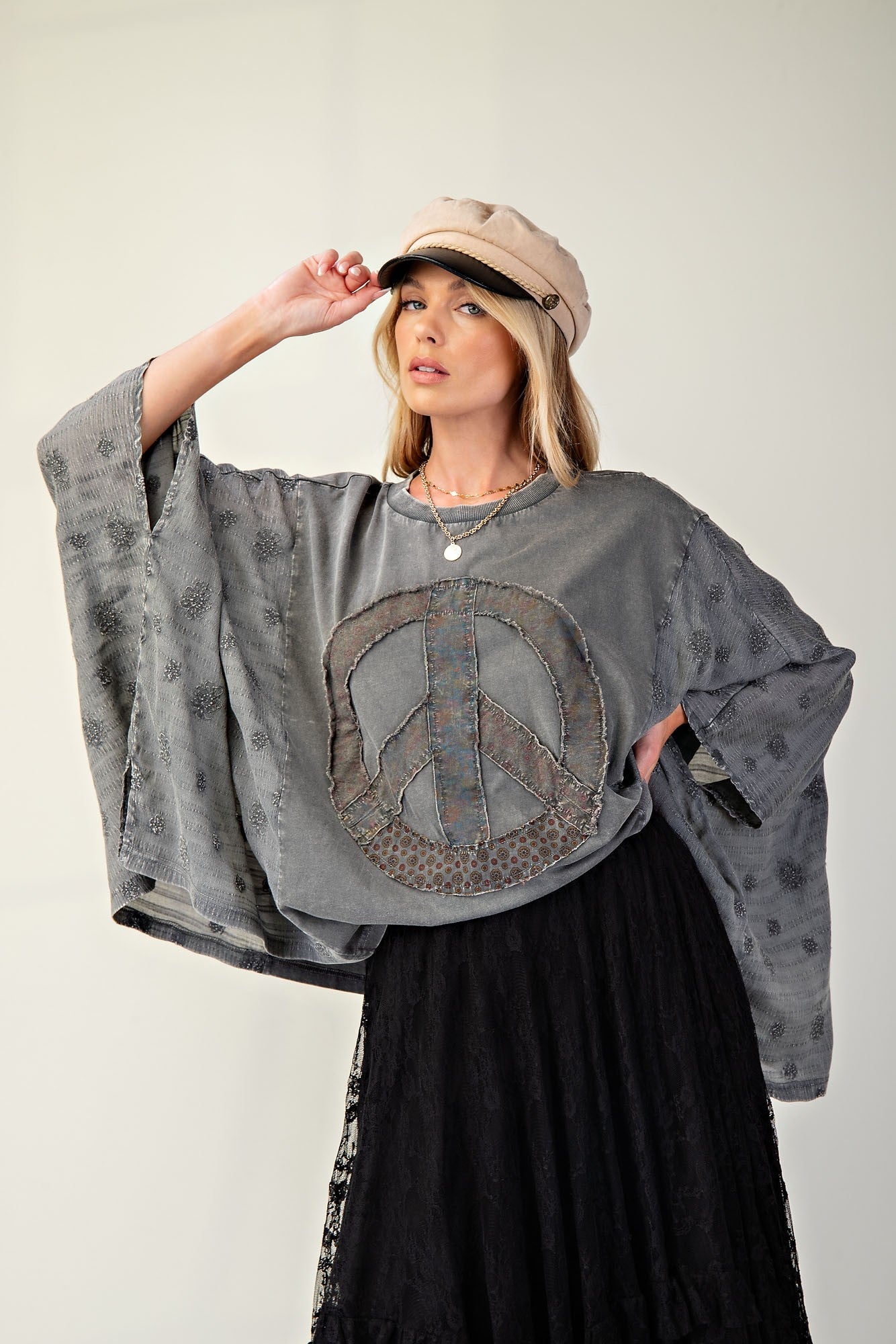 Mineral Washed & Embo Peace Patch Poncho - Charcoal