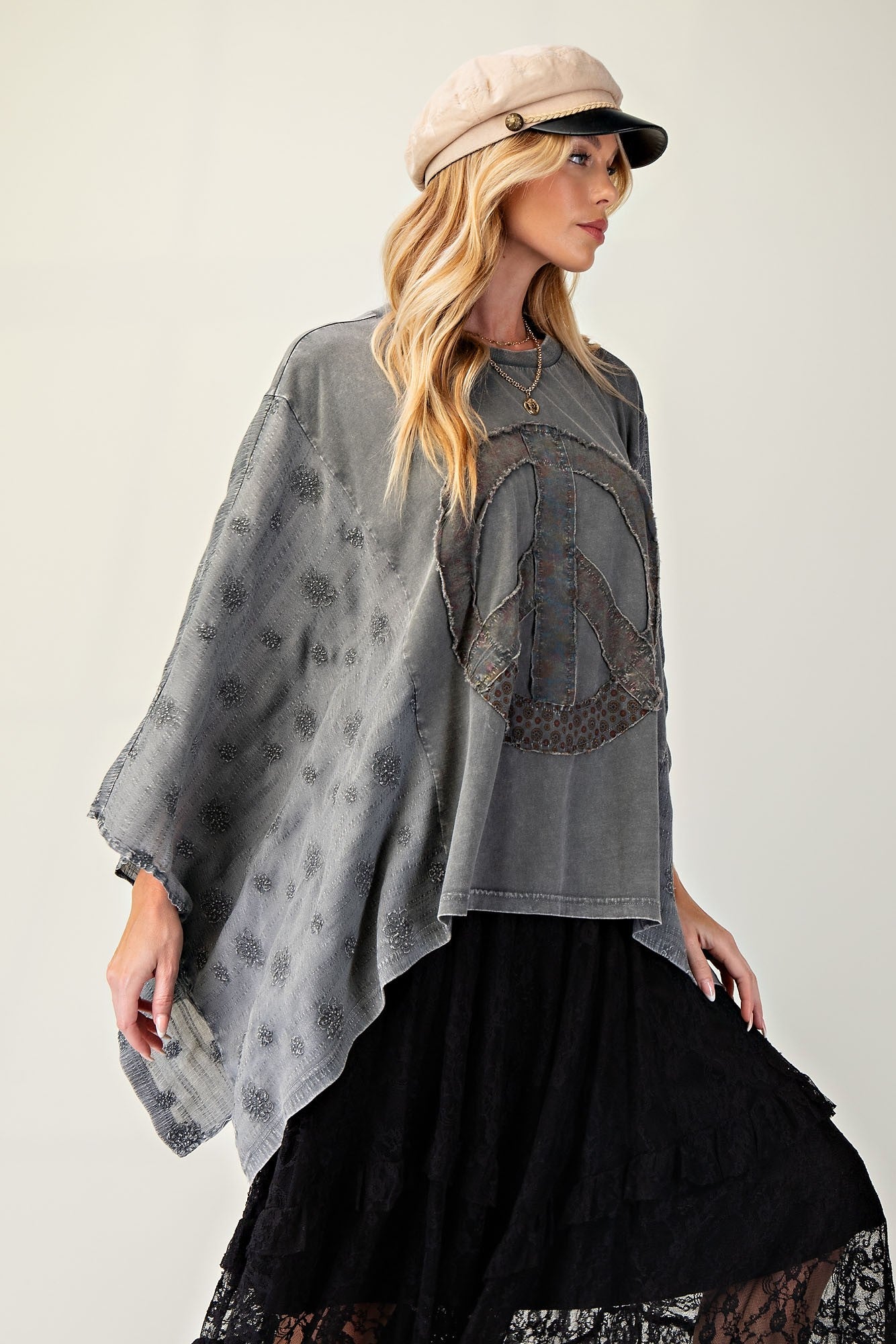 Mineral Washed & Embo Peace Patch Poncho - Charcoal