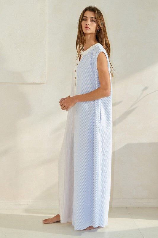 Seersucker Color-Block Wide Leg Jumpsuit