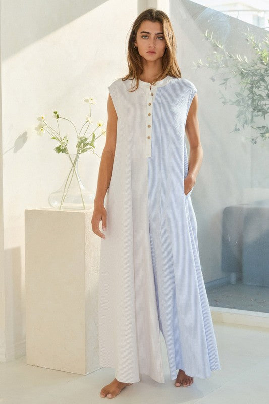 Seersucker Color-Block Wide Leg Jumpsuit