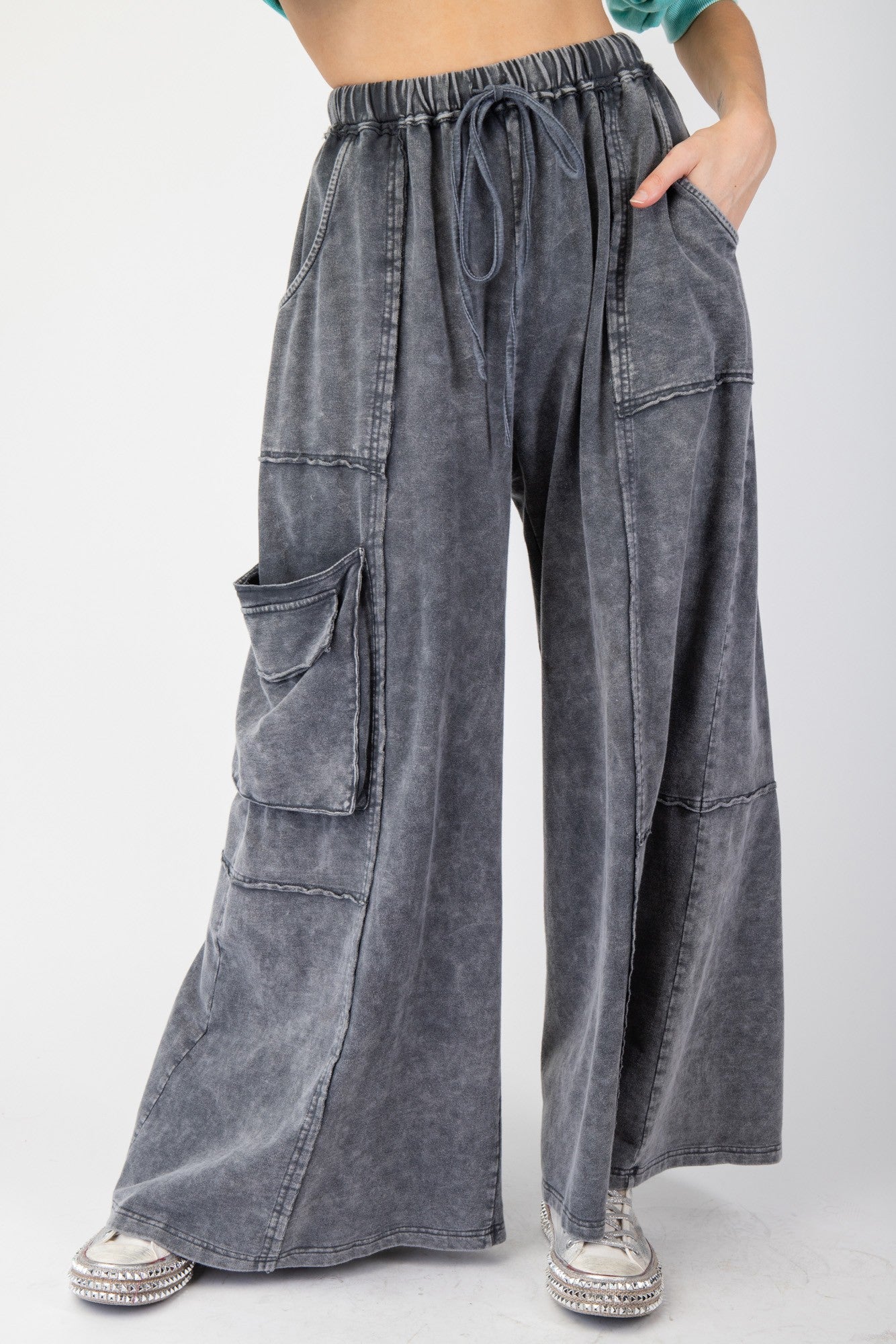 Mineral Washed Terry Knit Pants - Smoke