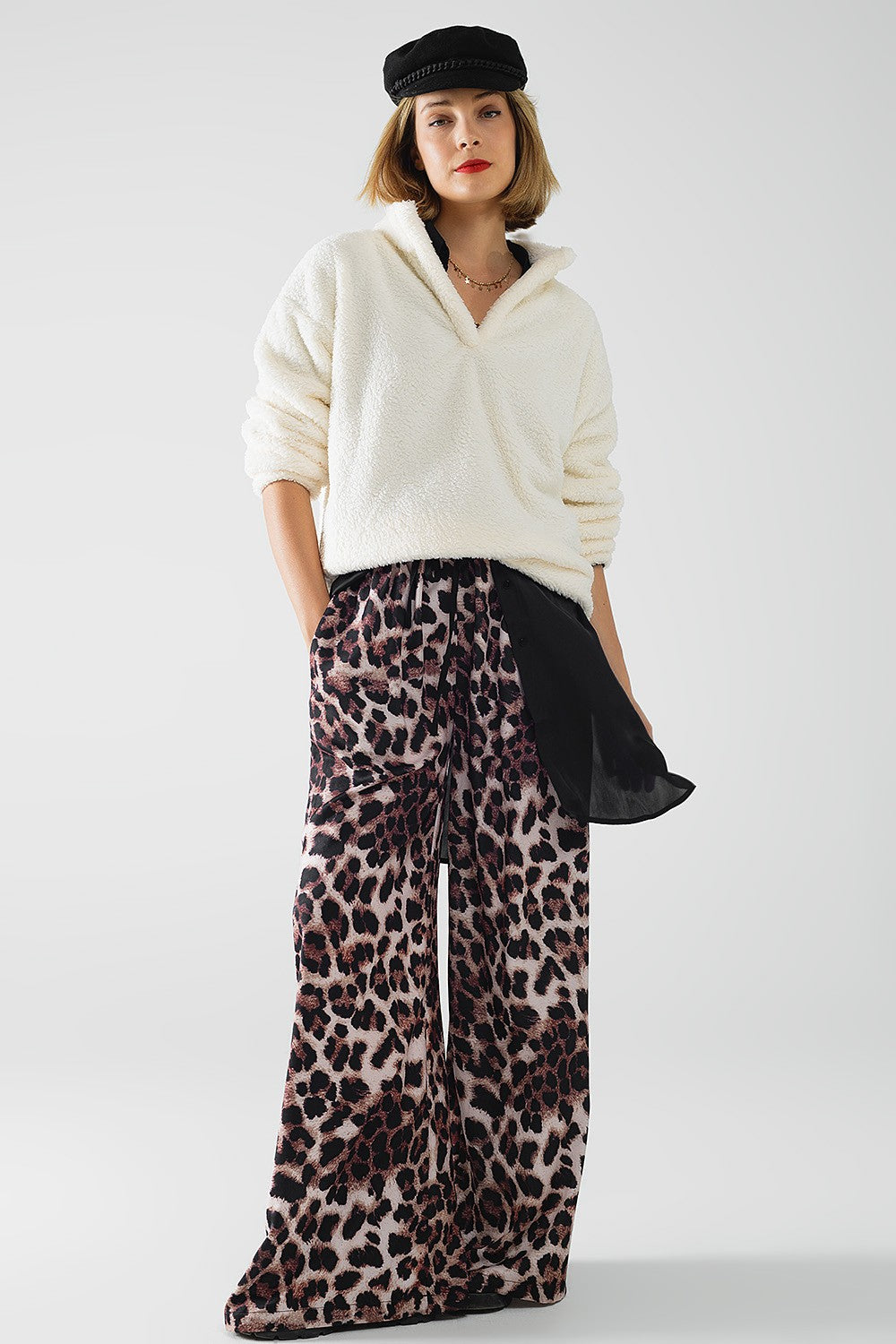 Wide Leopard Pants with Satin Side Stripe