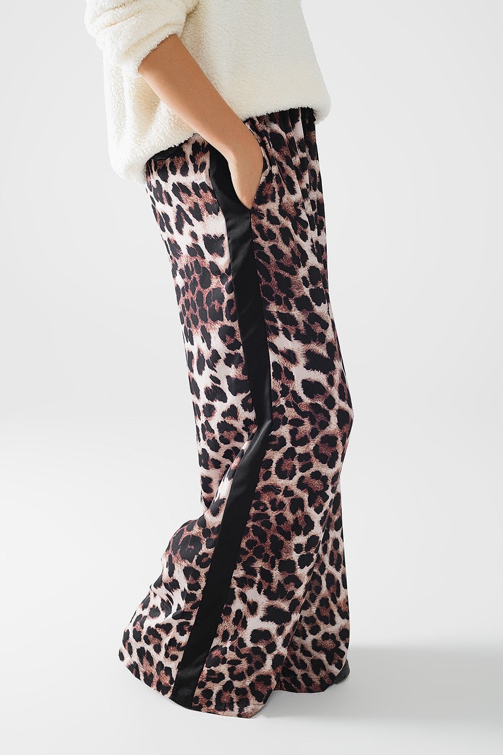 Wide Leopard Pants with Satin Side Stripe