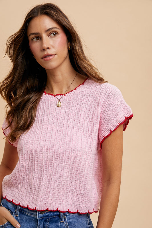Contrast Scallop Edge Detail Pointelle Sweater Top