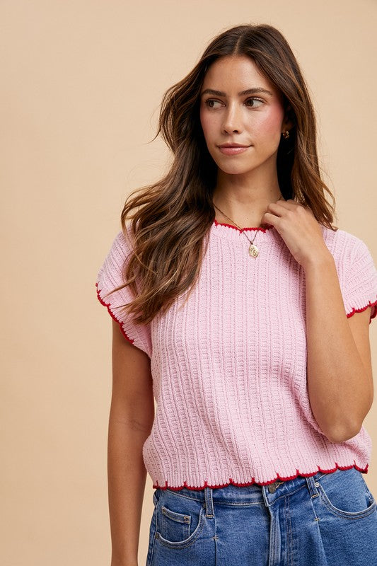 Contrast Scallop Edge Detail Pointelle Sweater Top