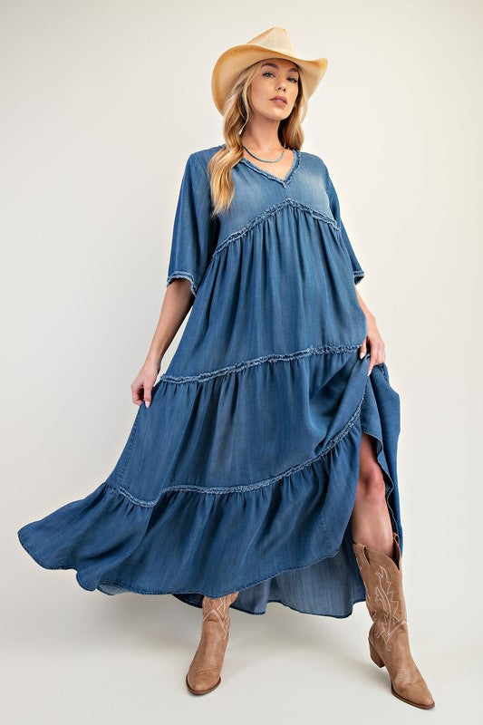 Tiered & Washed Chambray Maxi Dress