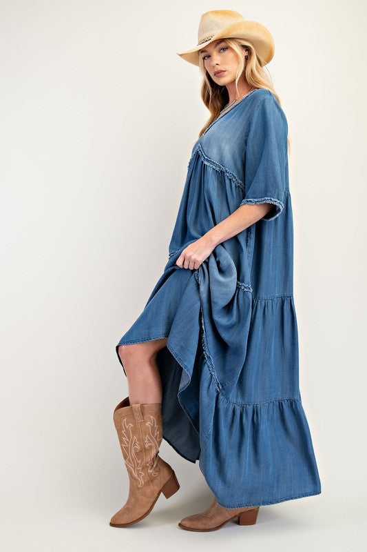 Tiered & Washed Chambray Maxi Dress