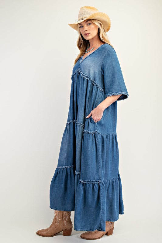 Tiered & Washed Chambray Maxi Dress