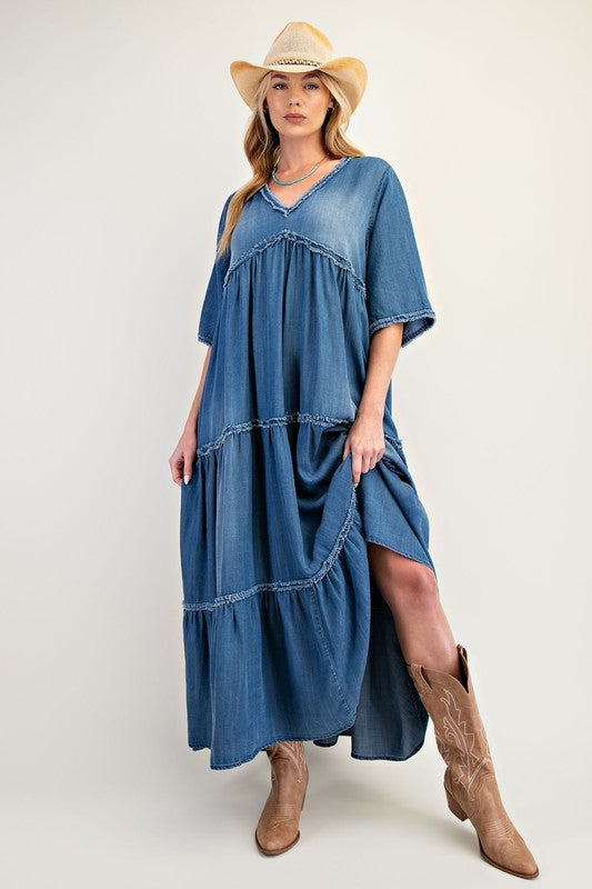 Tiered & Washed Chambray Maxi Dress