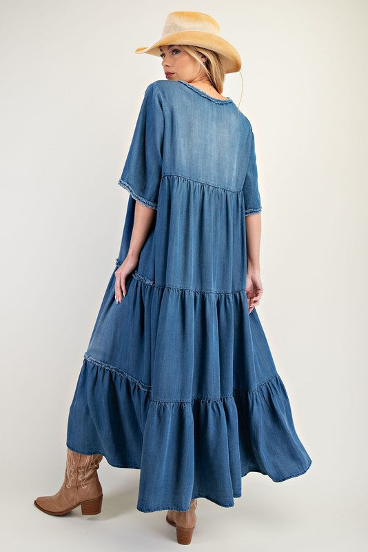 Tiered & Washed Chambray Maxi Dress