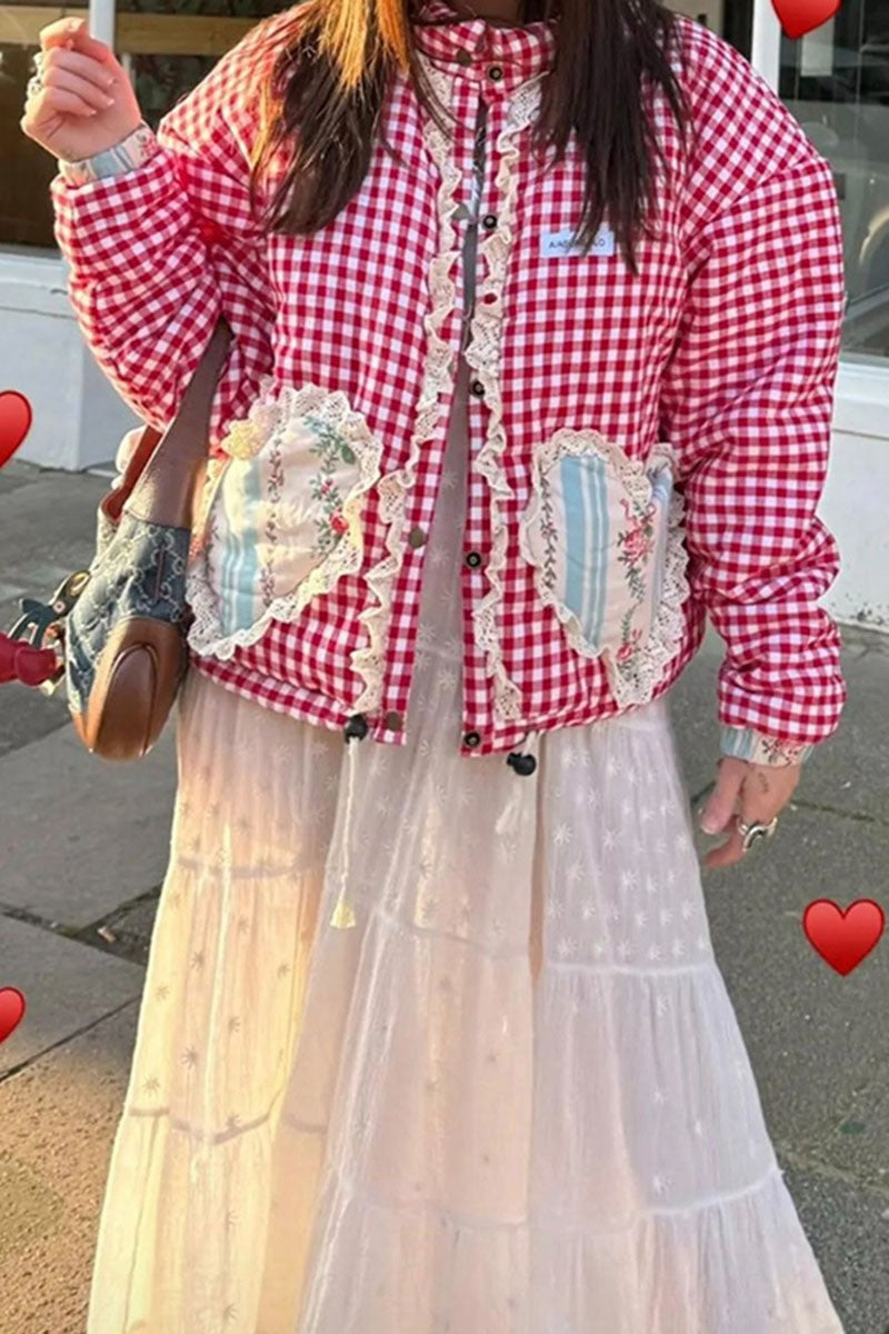 Gingham Jacket with Heart Patch Pockets - Red