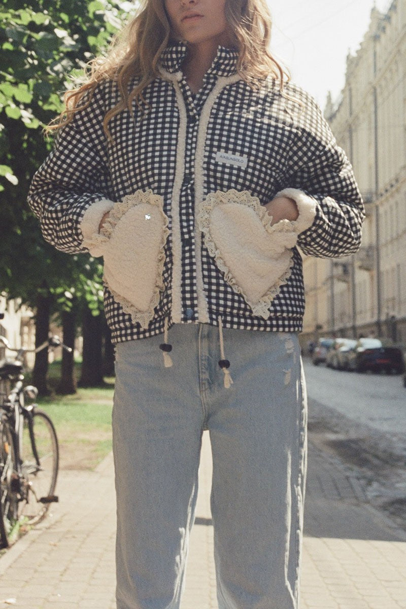 Gingham Jacket with Heart Patch Pockets - Grey