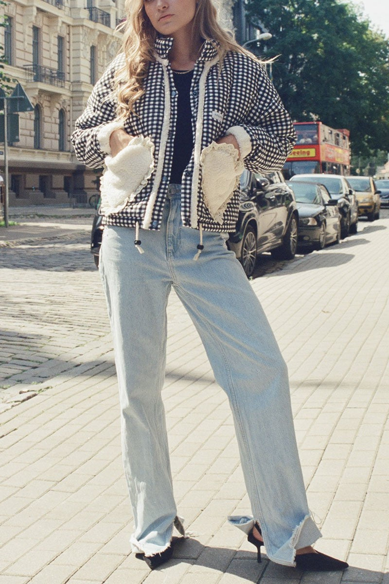 Gingham Jacket with Heart Patch Pockets - Grey