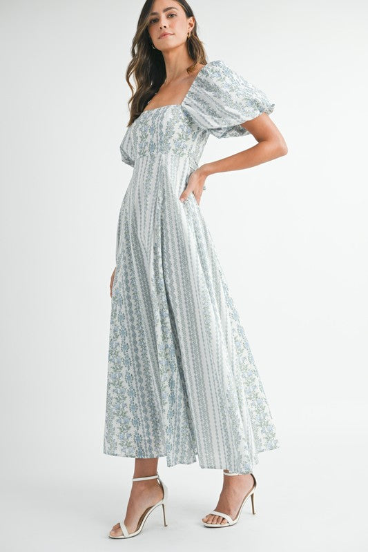 Floral Print Puff Sleeve Square Neck Midi Dress