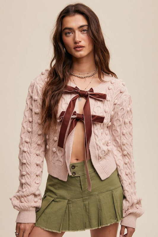 Bow Tie Closure Cable Knit Cardigan - Blush