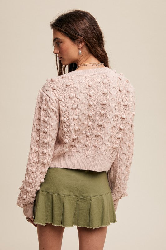 Bow Tie Closure Cable Knit Cardigan - Blush