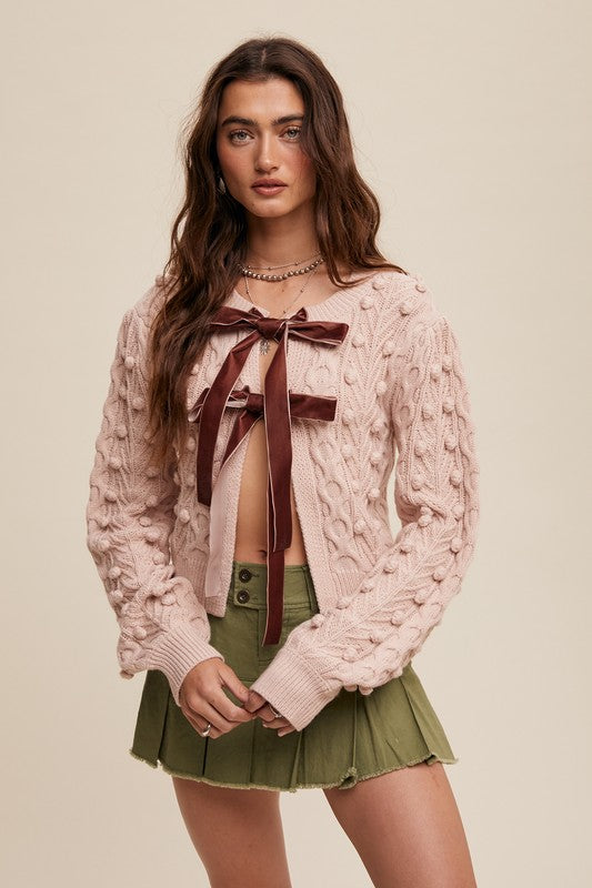 Bow Tie Closure Cable Knit Cardigan - Blush