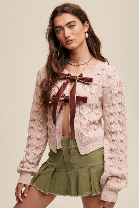 Bow Tie Closure Cable Knit Cardigan - Blush