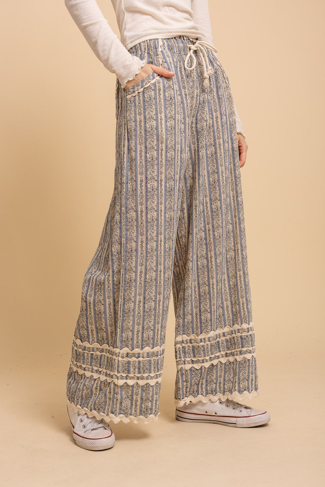 Vintage Striped Print Wide Leg Pants